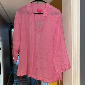Pink linen v neck collared shirt